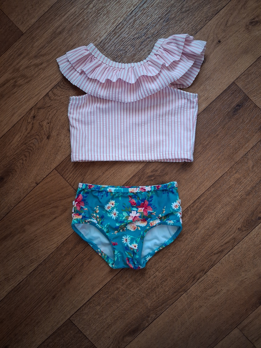 Pink Ruffled Crop Tankini with Blue Floral Briefs Swim Set
